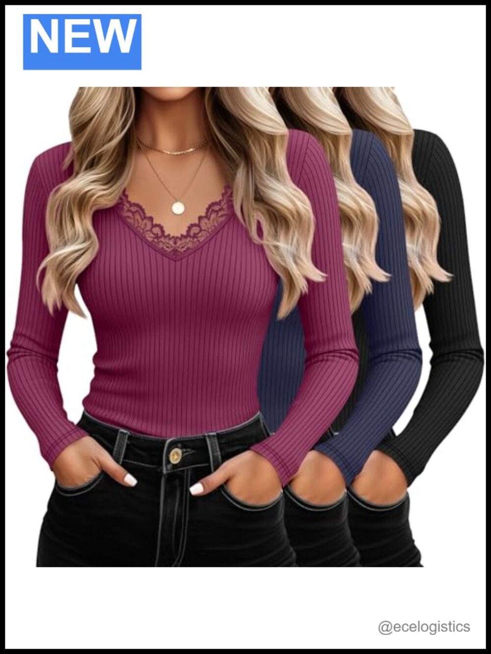 3 Pack Women's Cotton Ribbed Long Sleeve V-Neck Tees with Lace Trim